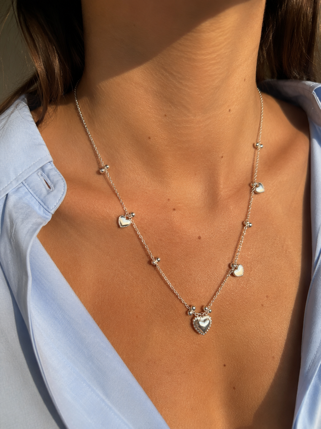 Collier Olympe - argenté à pendentifs coeurs